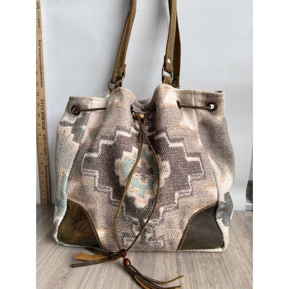 Myra Bag Southwestern Canvas Leather Bucket Tote Large Aztec Boho Western